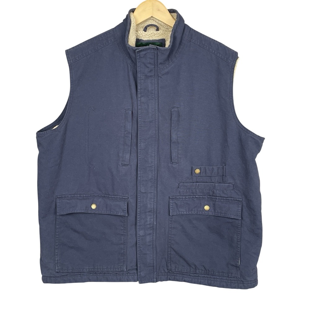 Outdoor Life Blue Sherpa Lined Canvas Utility Work Vest Men XL Full Zip Gorpcore